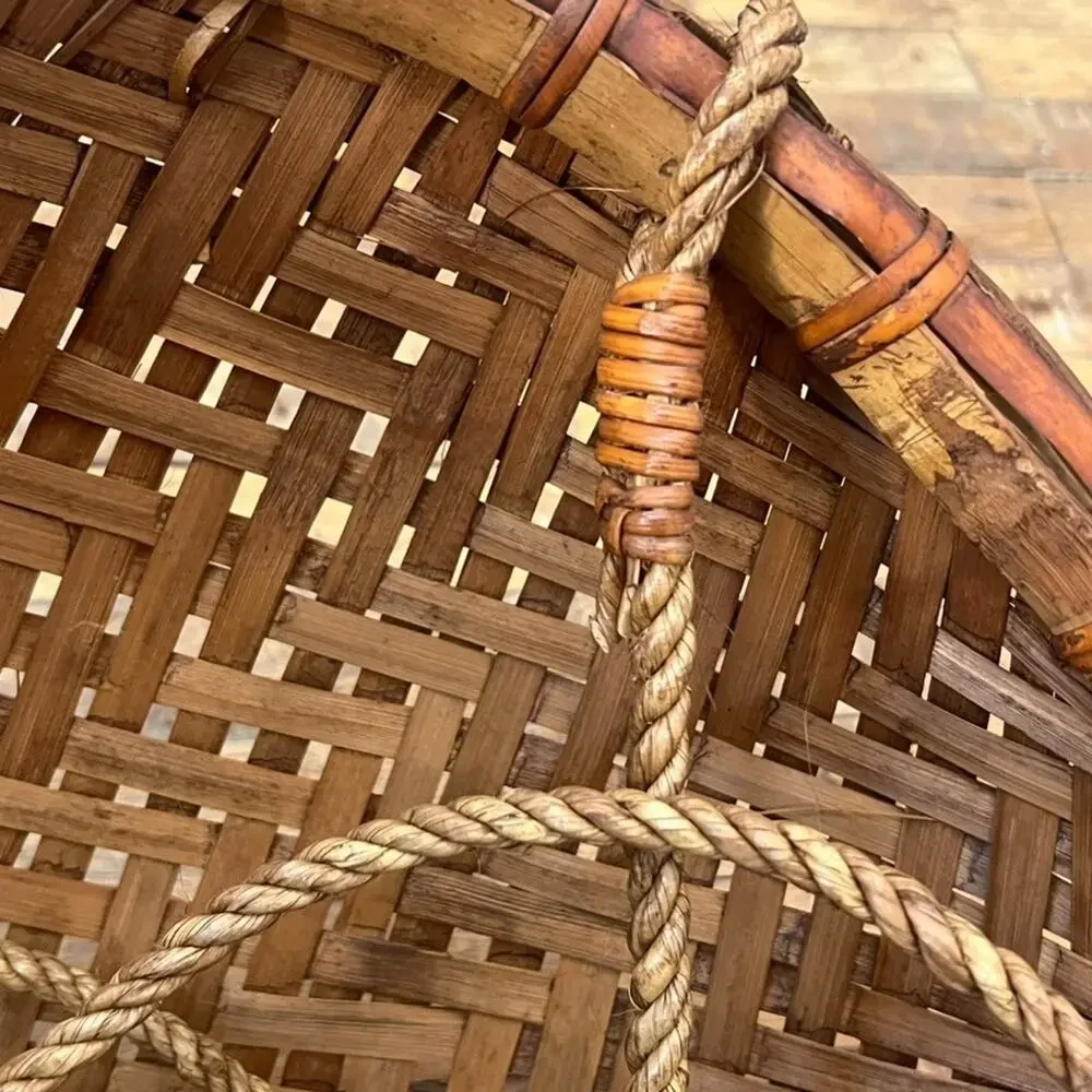 Large Vintage Hanging Basket Bowl Hand Woven Rattan Brown